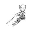 Illustration of a hand with a vodka glass. Design element for poster, card, banner, menu.