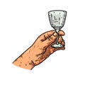 Illustration of a hand with a vodka glass. Design element for poster, card, banner, menu.