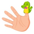 Hand wearing a crocodile finger puppet on thumb