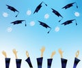 Illustration of hands of a group of students throwing their caps and masks in the air. Graduation concept with social distancing