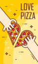 Illustration with hands and half of pizza. Vector banner for fast food. Thin line flat design