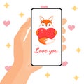 Illustration of hands hold a phone and sending a romantic message. Vector greeting card for valentines day and other Royalty Free Stock Photo