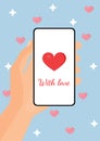 Illustration of hands hold a phone and sending a romantic message. Vector greeting card for valentines day and other Royalty Free Stock Photo