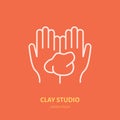 Illustration of hands holding clay. Pottery workshop, ceramics classes line icon. Clay studio sign. Hand building