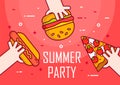 Illustration with hands, hot dog, burger and pizza on red background. Thin line flat design card. Vector banner for summer party