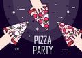 Illustration with hands and slices of pizza of different flavors. Vector banner for fast food. Thin line flat design. Invitation t