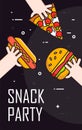 Illustration with hands and snack on black background. Thin line flat design card. Vector banner for fast food Royalty Free Stock Photo