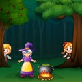 Hansel and gretel in forest with witch Royalty Free Stock Photo