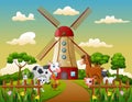 Happy animal with windmill building background