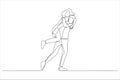 Illustration of happy Asian groom gives a bride piggyback ride. One line style art