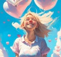 an illustration with a happy blonde girl with flowing European hair against a blue sky with pink balloons in the shape of hearts