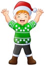 Happy boy cartoon wearing green christmas sweater Royalty Free Stock Photo