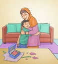 Illustration happy boy hugging mother in front opened gift