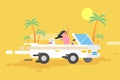 Illustration happy brunette girl drives a white convertible