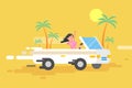 Illustration happy brunette girl drives a white convertible