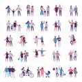 Illustration with happy cartoon couples of people. Happy friends, parents, lovers on date, hugging, dancing, couples with kids.