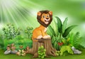 Happy cartoon lion sitting on tree stump with green plants Royalty Free Stock Photo