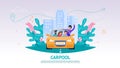 Illustration Happy Company People in Car, Carpool