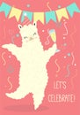 Illustration of happy dancing llama, design for poster, birthday greeting card. Happy birthday, let`s celebrate, party.