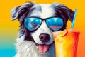 Illustration of happy dog wearing sunglasses with cocktail. Funny humorous banner, summer holidays