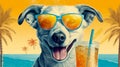 Illustration of happy dog wearing sunglasses with cocktail. Funny humorous banner, summer holidays