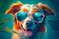 Illustration of happy dog wearing sunglasses. Funny humorous banner, summer holidays