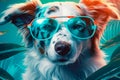 Illustration of happy dog wearing sunglasses. Funny humorous banner, summer holidays. Generative AI