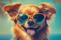 Illustration of happy dog wearing sunglasses. Funny humorous banner, summer holidays