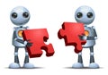 happy droid little robot connecting puzzle on isolated Royalty Free Stock Photo