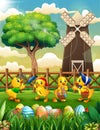 Happy Easter background farm with a bunch cute duckling