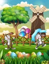Happy Easter bunnies dancing in the spring farm background Royalty Free Stock Photo