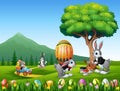 Happy easter bunnies painting and holding egg Royalty Free Stock Photo