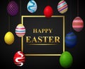 Happy Easter lettering background with colored decorated eggs