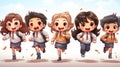 Illustration of happy elementary school children running to school with backpacks