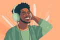 Illustration happy emotional African American man wearing headphones listening music, singing song and dancing isolated on orange Royalty Free Stock Photo