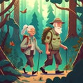 Illustration of happy energetic senior couple, over 50, hiking in the forest with backpacks