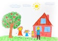 Illustration of a happy family with an apple tree and a house Royalty Free Stock Photo