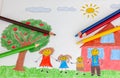 Illustration of a happy family with an apple tree and a house Royalty Free Stock Photo