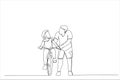 Illustration of happy family father teaches child daughter to ride a bike in the park. One line art style