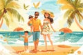Illustration of happy family sitting together on the beach, captured in vibrant printmaking artistry