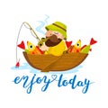 Illustration of happy fisherman character with fish in a boat with lettering enjoy today