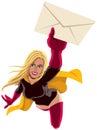 Superheroine Flying Delivering Envelope on White Background Royalty Free Stock Photo