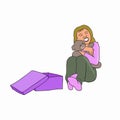 illustration happy girl sitting while hugging bear doll gift