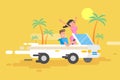 Illustration happy guy drives a white convertible