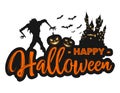 Happy Halloween background with creepy zombie, castle and pumpkins