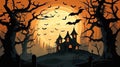 Illustration of Happy Halloween background, silhouettes of trees, houses, bats and pumpkins on orange background Royalty Free Stock Photo