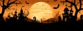 Illustration of Happy Halloween background, silhouettes of trees, houses, bats and pumpkins on orange background, minimal concept