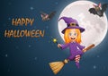 Happy Halloween. Cartoon little witch flying on a broomstick