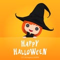 Illustration Happy Halloween Day. Holiday concept with characters  cute little girl wearing a witch costume on orange background Royalty Free Stock Photo