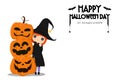 Illustration Happy Halloween Day. Holiday concept with horror characters , cute little girl wearing a witch costume and pumpkin Royalty Free Stock Photo